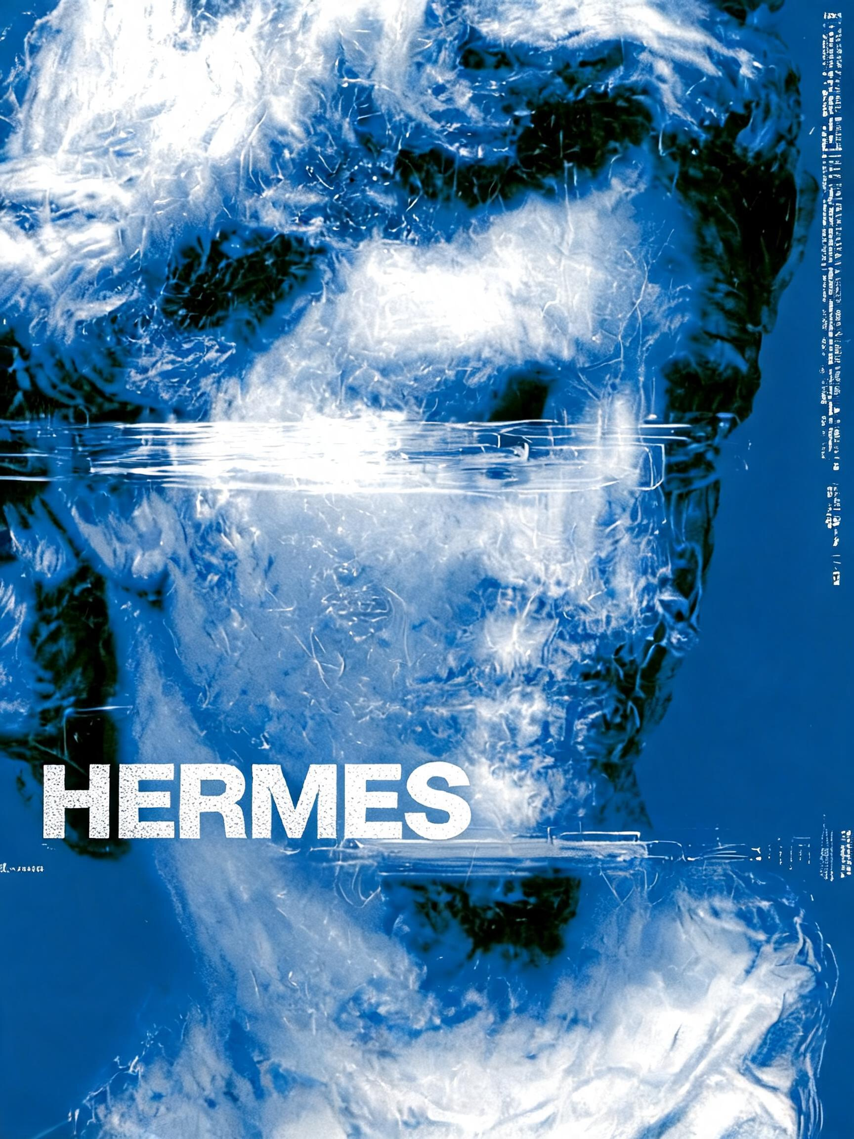 Hermes — cyanotype glitch statue with distressed typography