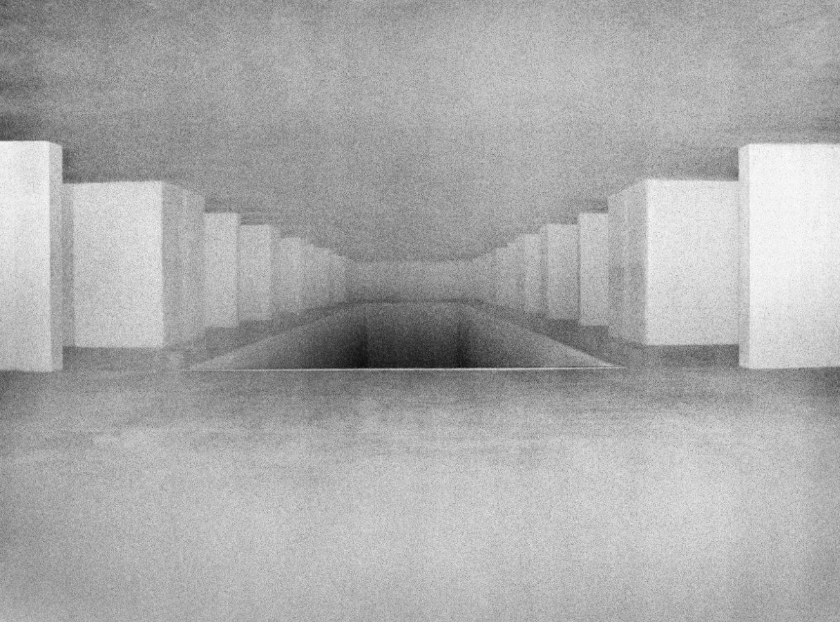 B&W grainy liminal corridor space