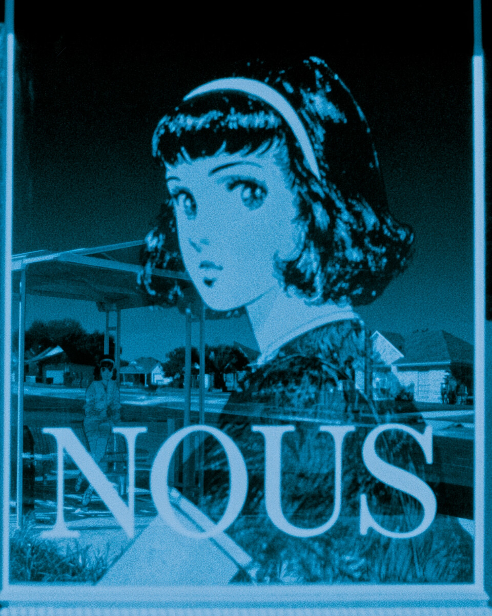 Nous Girl behind glass — vinyl storefront NOUS