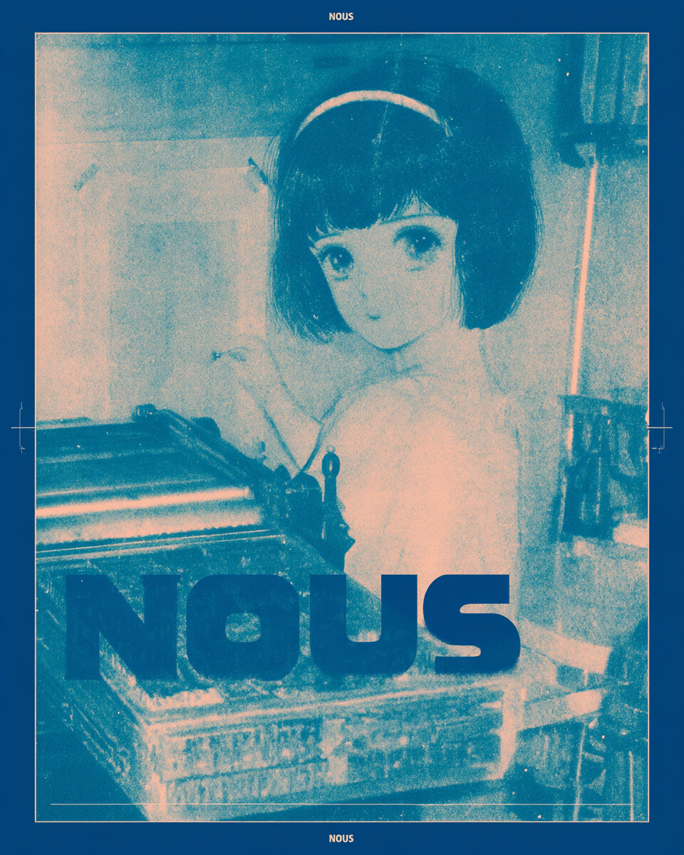 Nous Girl at wood-type drawer — riso orange + cyan